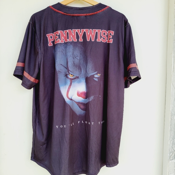 IT Pennywise Baseball Jersey "You'll Float Too" Charcoal Size Large Halloween - Picture 1 of 12